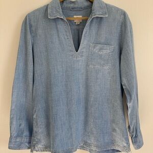 J crew blue “denim looking” long sleeve blouse with white stitching